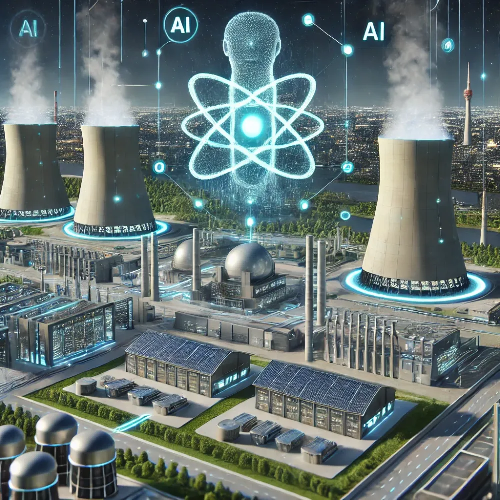 AI-driven energy grid with nuclear power plants in the background